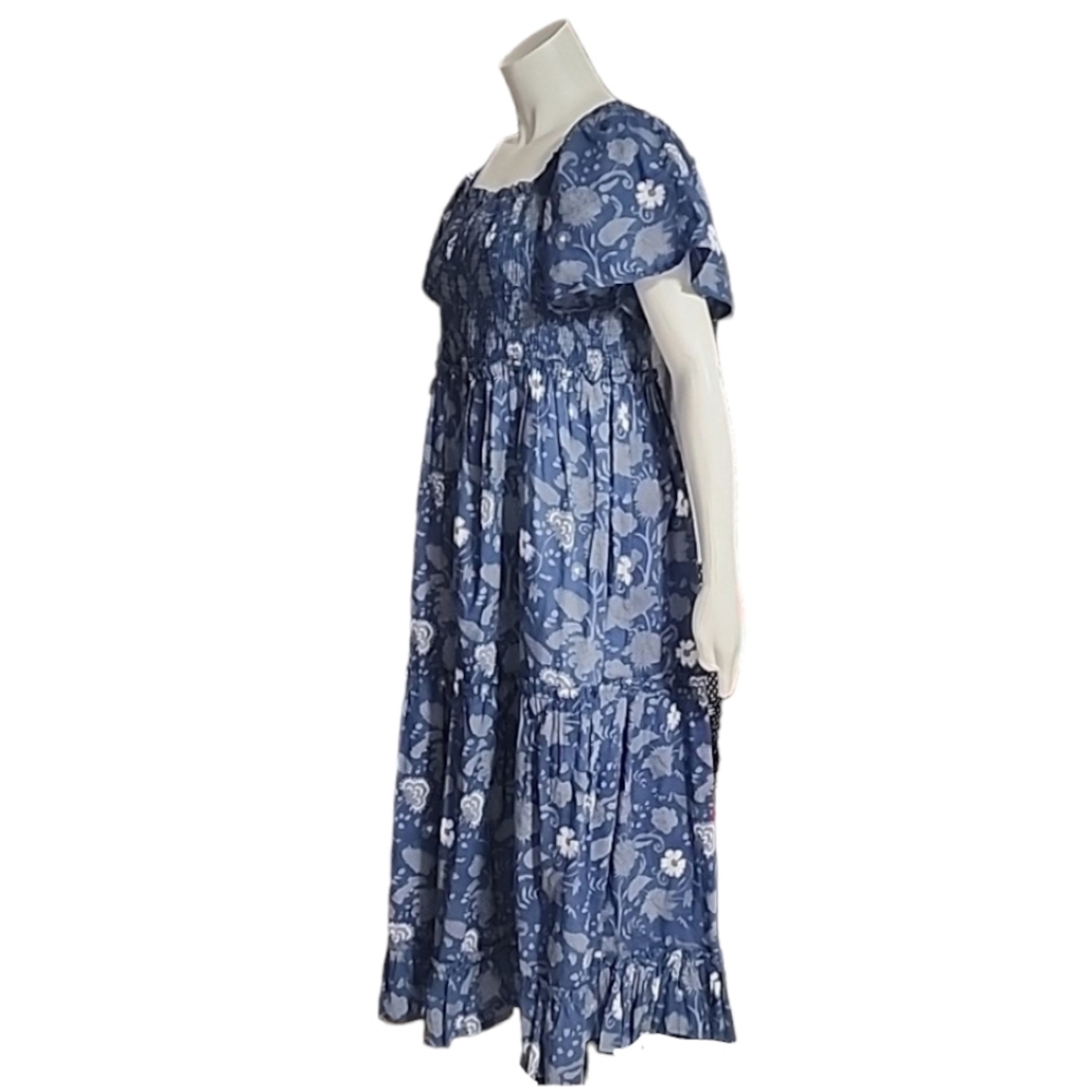 GRACE HOLIDAY Blue Chambray Floral Smocked Midi Dress L Tiered Boho Cottagecore - Picture 14 of 16